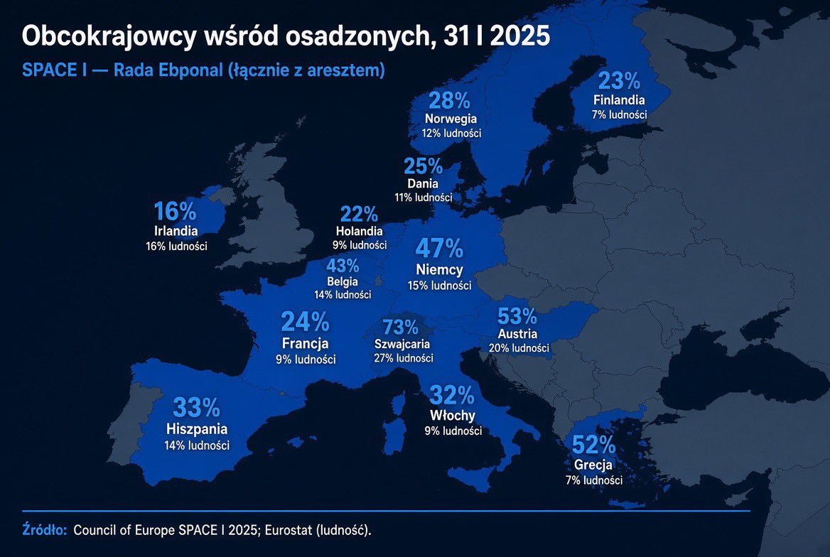 🇦🇹🇧🇪🇬🇷🇩🇪🇨🇭Europa. Cudzoziemcy stanowili 17% więźniów w badaniu Rady Europy
