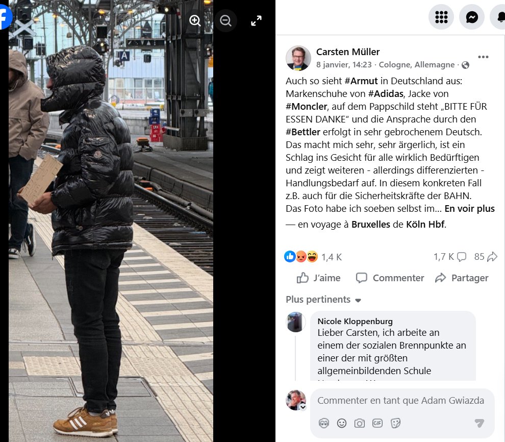 🇩🇪Niemcy: Kolonia. Zdjęcie żebrzącego migranta w luksusowych ubraniach wywołuje spór