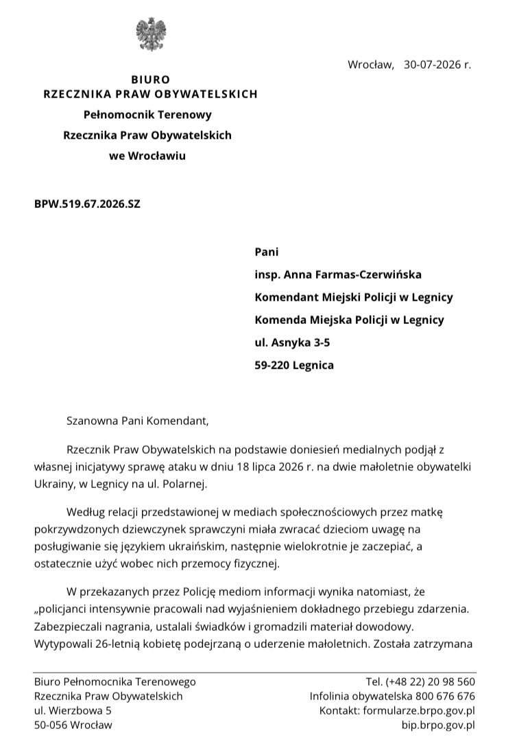 Polska: Legnica. RPO pyta o wątek narodowościowy w napaści na ukraińskie dziewczynki