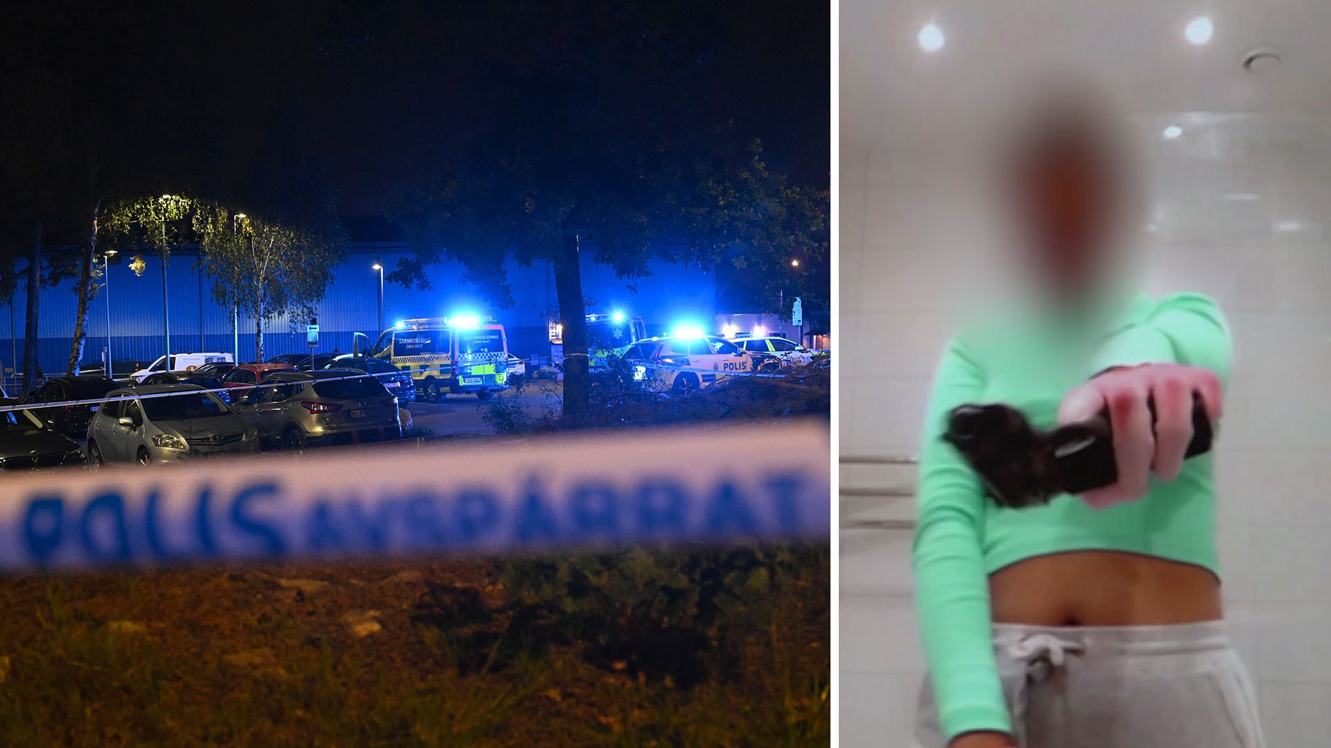 Szwedzka policja oraz zamaskowany młody człowiek z bronią