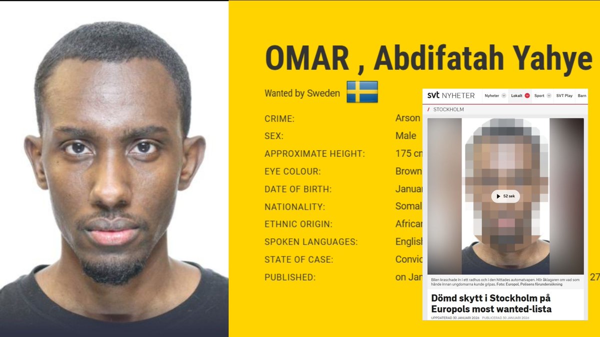 🇸🇪Szwecja: Sztokholm. Skazany za dwie strzelaniny Somalijczyk wśród najbardziej poszukiwanych przez Europol