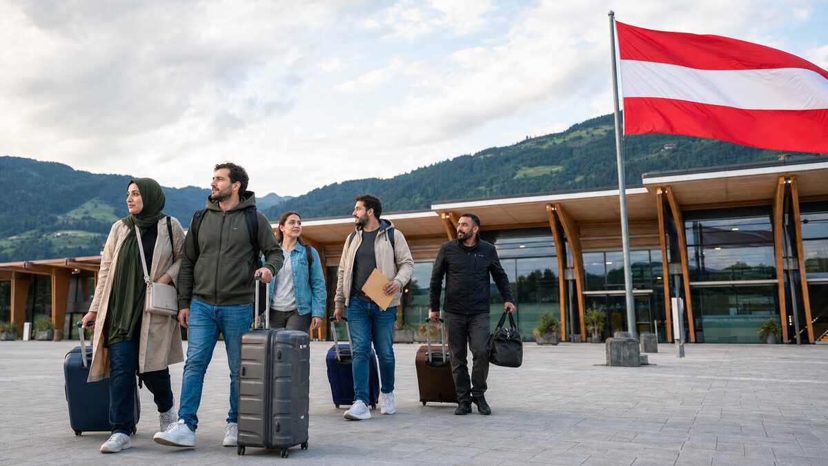 Grupa migrantów z bagażami i dokumentami przed terminalem w Austrii, obok flagi Austrii