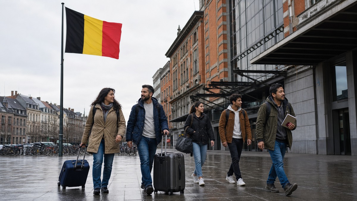 Grupa migrantów z walizkami i dokumentami przybywająca do Belgii, obok flagi Belgii