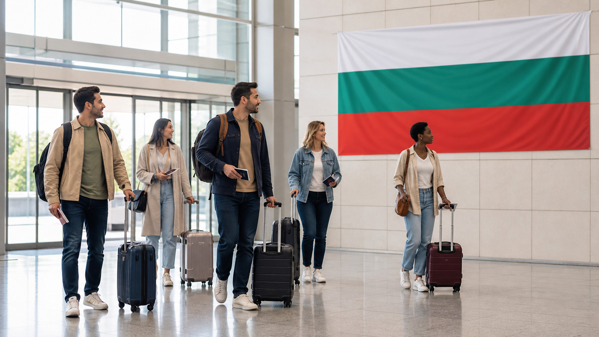 Grupa migrantów z walizkami i dokumentami w strefie przyjazdu do Bułgarii, obok flagi Bułgarii