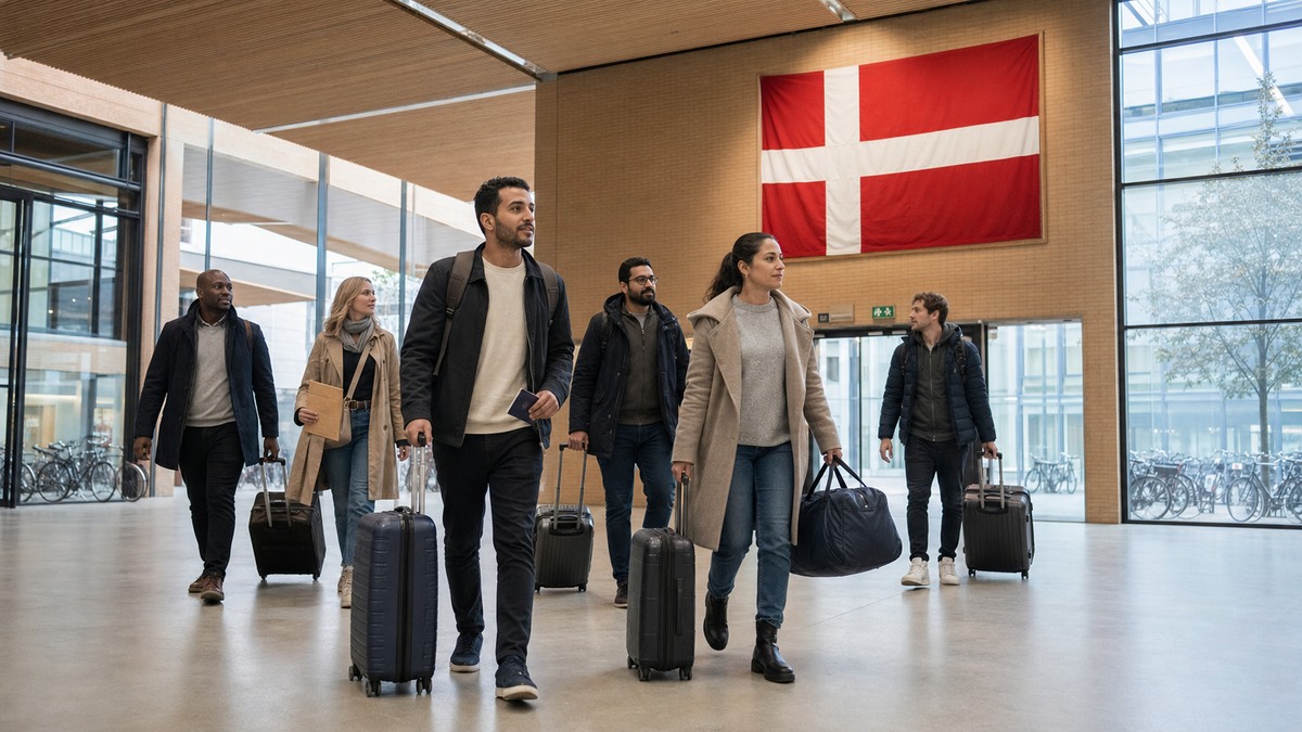 Grupa migrantów z walizkami i dokumentami w terminalu przyjazdowym w Danii, obok flagi Danii