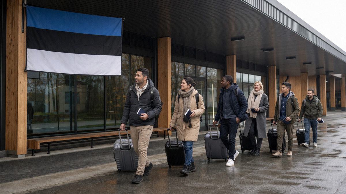 Grupa migrantów z bagażami i dokumentami w strefie przyjazdu do Estonii, obok flagi Estonii