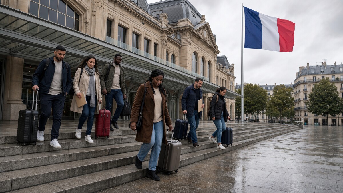 Grupa migrantów z bagażami i dokumentami przed dworcem we Francji, obok flagi Francji