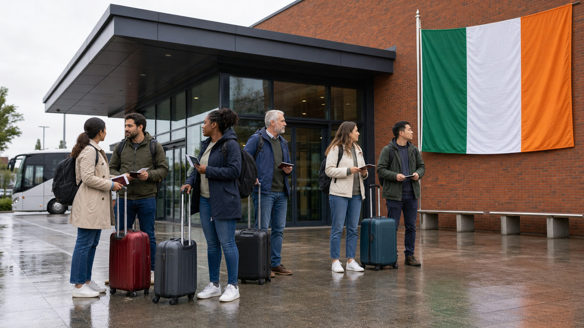 Grupa migrantów z bagażami i dokumentami przed terminalem w Irlandii, obok flagi Irlandii