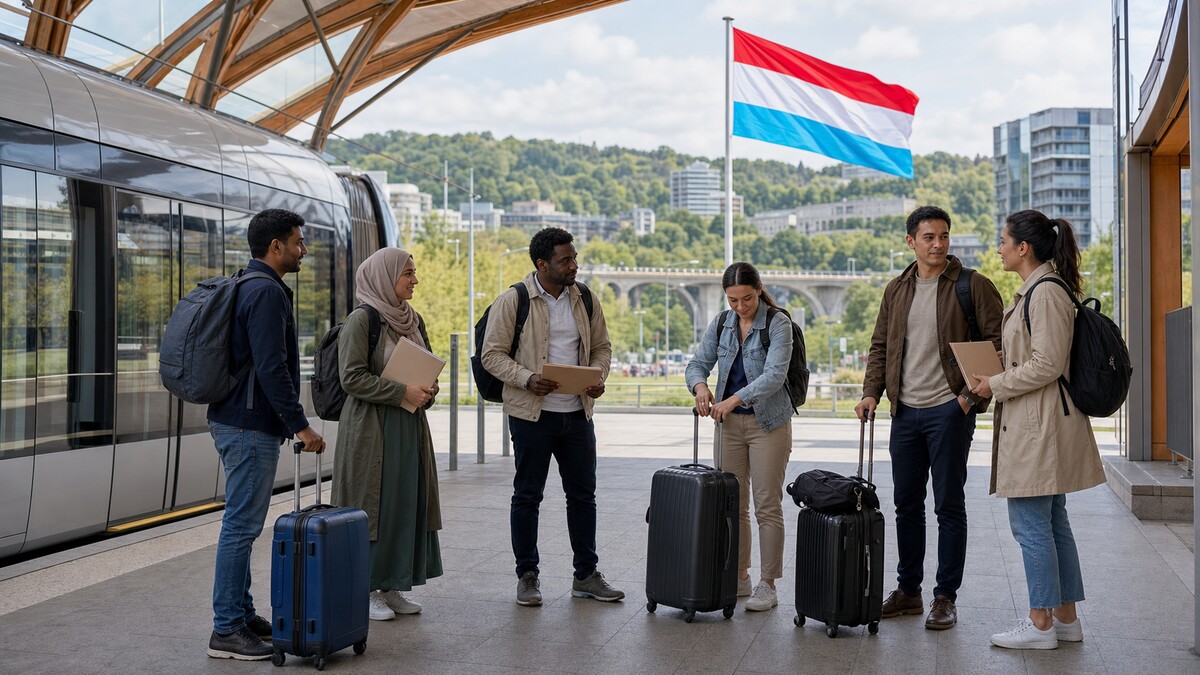 Grupa migrantów z walizkami i dokumentami przybywająca do Luksemburga, obok flagi Luksemburga
