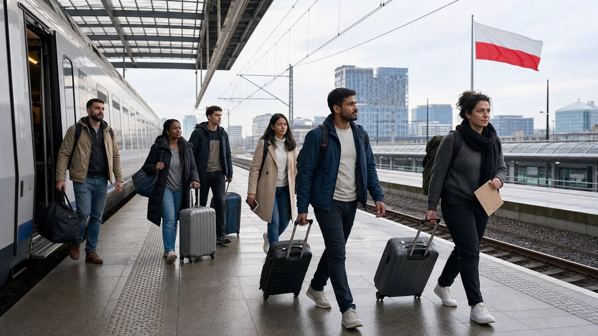 Grupa migrantów z bagażami i dokumentami na dworcu w Polsce, obok flagi Polski