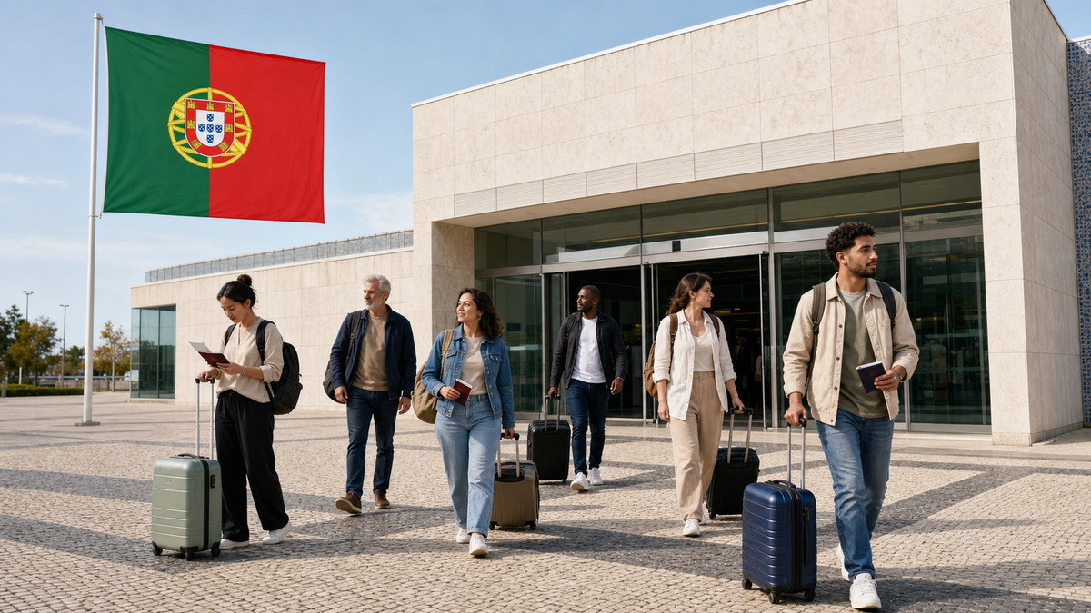 Grupa migrantów z walizkami i dokumentami przybywająca do Portugalii, obok flagi Portugalii