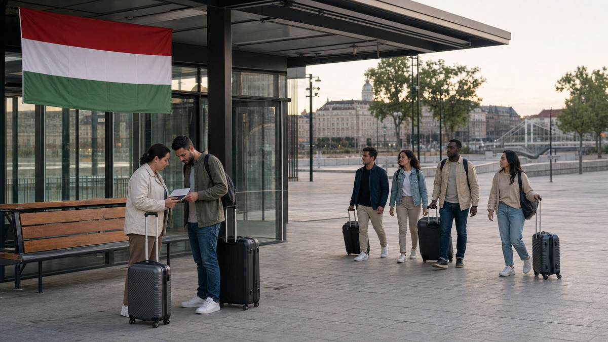 Grupa migrantów z bagażami i dokumentami na dworcu na Węgrzech, obok flagi Węgier